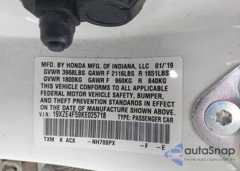 2019 Honda Insight Ex z USA, uszkodzony, nr VIN 19XZE4F59KE025718